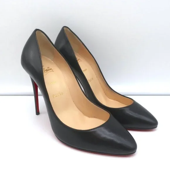 CHRISTIAN LOUBOUTIN ELOISE 100 PUMPS BLACK LEATHER SIZE 36 ALMOND TOE HEELS - Picture 2 of 11
